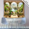 Renaissance Garden Tapestry Waterfall Forest View Balcony Arch Wall Hanging Backdrop