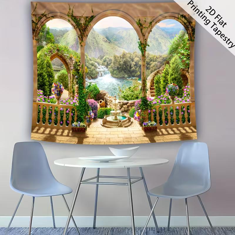 Renaissance Garden Tapestry Waterfall Forest View Balcony Arch Wall Hanging Backdrop