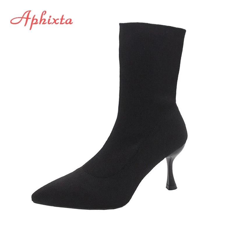 Fashion Aphixta 9cm 7cm 5cm Stretch Fabric Socks Boots Women Black Shoes Elegant Pointed Toe Knitting Elastic Ankle Boots for Women