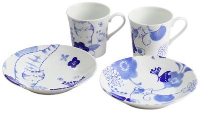 Keramikas Indigo Nohohon kaķu krūzes maizes šķīvju komplekts