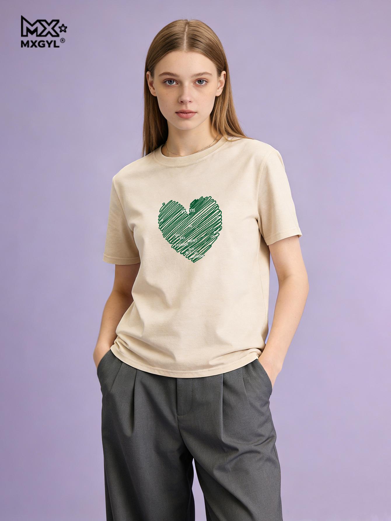 2026 New Style Women s Love Letters Simple Trend Cute Fashion Round Neck T-shirt Short Sleeve Blouse T-shirt Tops Graphic T Shi M