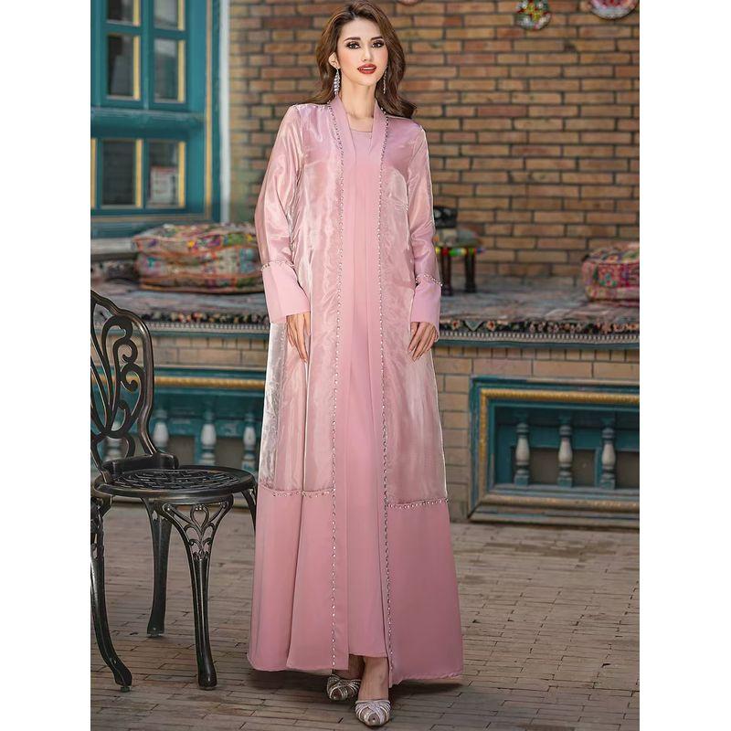 Middle East Organza Seam Drill Cardigan Robe Dress Two-Piece Diamond Studded Dress Set
