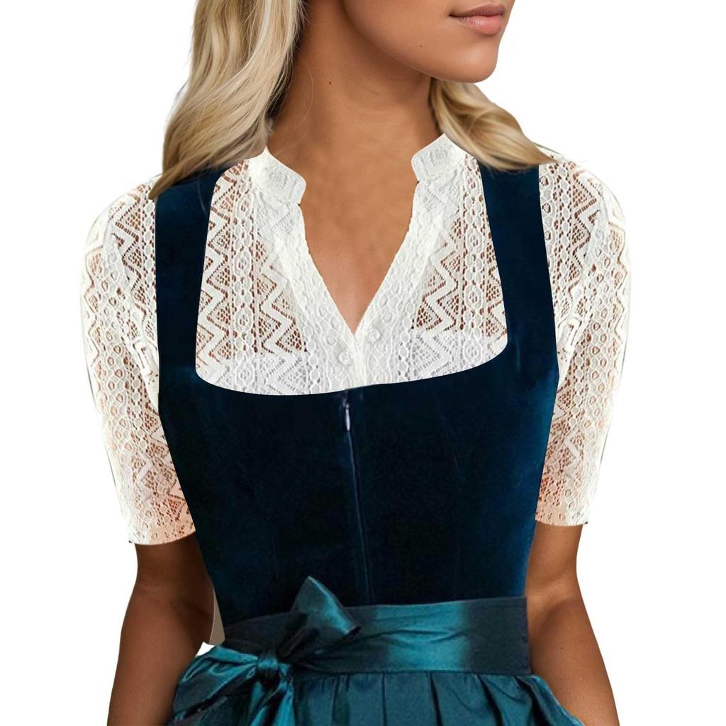 Women's Short Sleeve Lace Trimmed Oktoberfest Blouse - Casual Layering Top for Bavarian Festival Party Lightweight Comfort