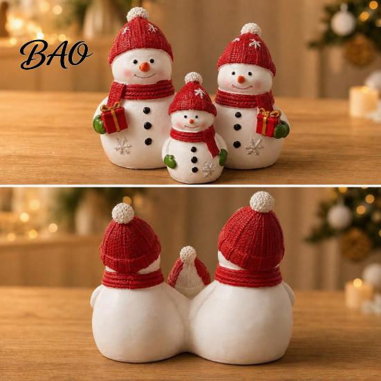 Christmas Party Supplies Resin Snowman Figurine, Cute Family of 3 Statue with Santa Unique Presents Hat, Red Scarf, Holiday Tabletop Ornament