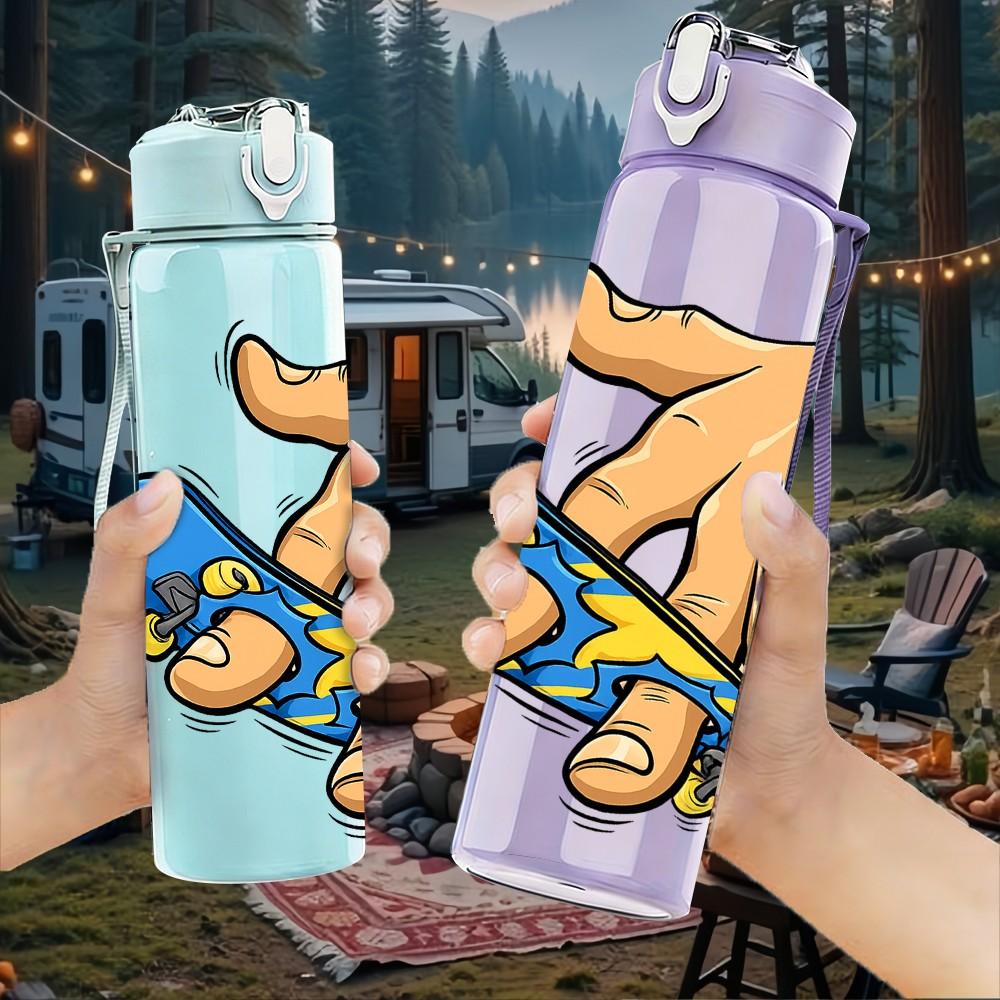 1PC Hand Hold Skateboard Art 750ml Color Plastic Sports Water Bottle Leakproof Flip Straw Lid Suitable for Sports Office Home Use