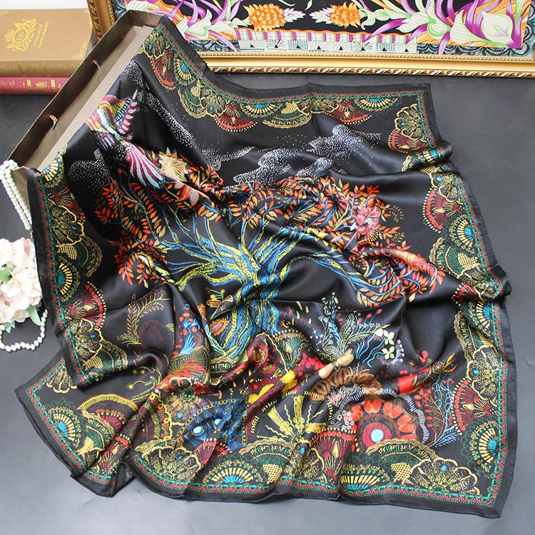 Black and white phoenix flying apsaras 110 mulberry silk silk silk scarf, hand-rolled plain crepe satin large square scarf, spring and summer shawl