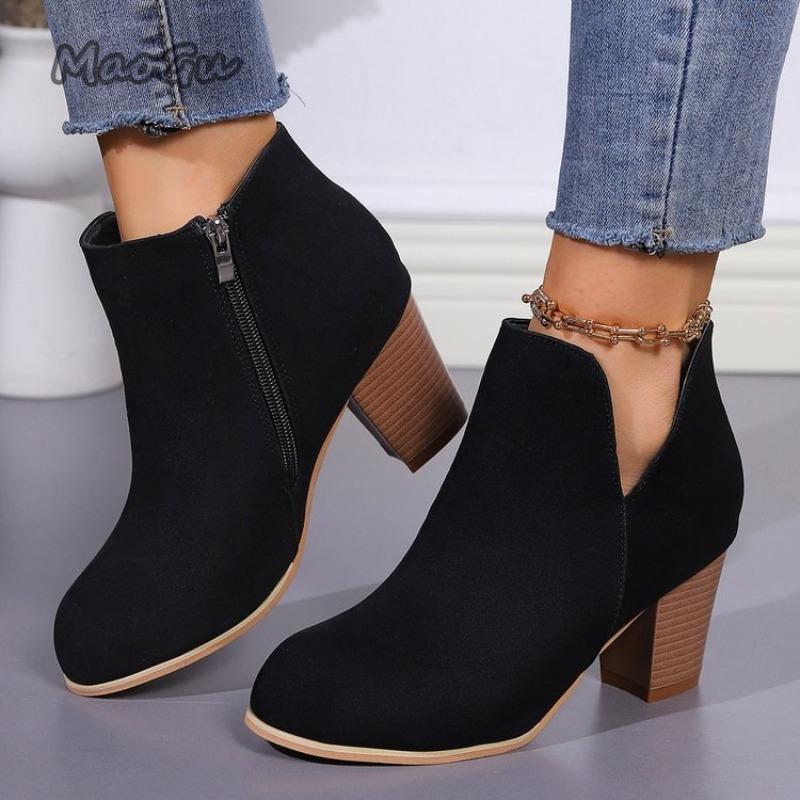 Fashion Elegant Women Ankle Bootie Side Zippers Chunky Mid Heels Outwear Short Boots Autumn Women's Botines Size 35-41 Botas Para Mujer
