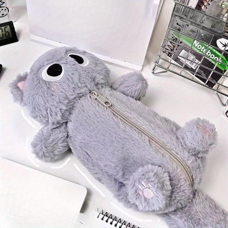 Gray Plush Kitten Pencil Case High Value Cute Desktop Cartoon Large Capacity Student Milk Fufu Stationery Storage Bag