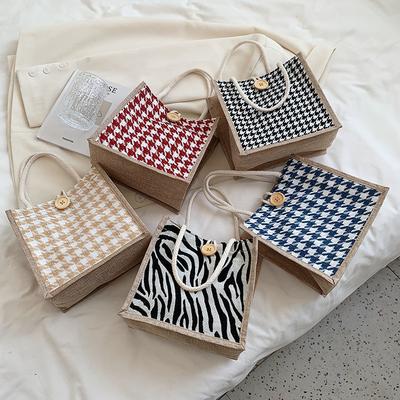 Ins Style Fashion Plaid Portable Linen Bag Large Capacity Square Bottom Jute Shopping Bag Linen Waterproof Gift Bag