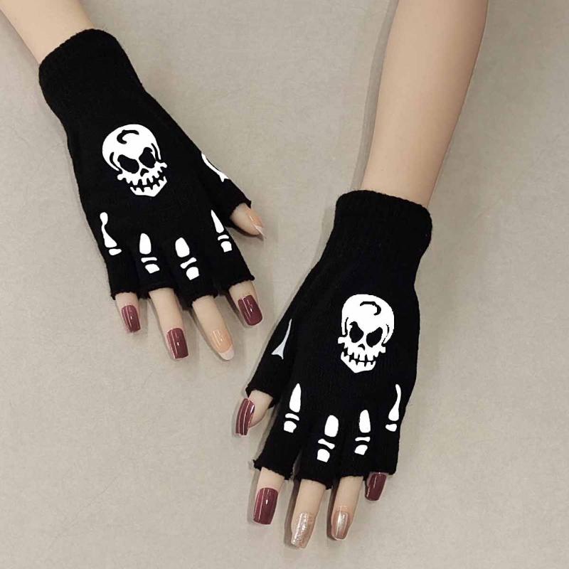 1 Pair Halloween Skull Luminous Knitted Finger Gloves Skull Ghost Claw Half Finger Adult Gloves Sports Riding Gloves