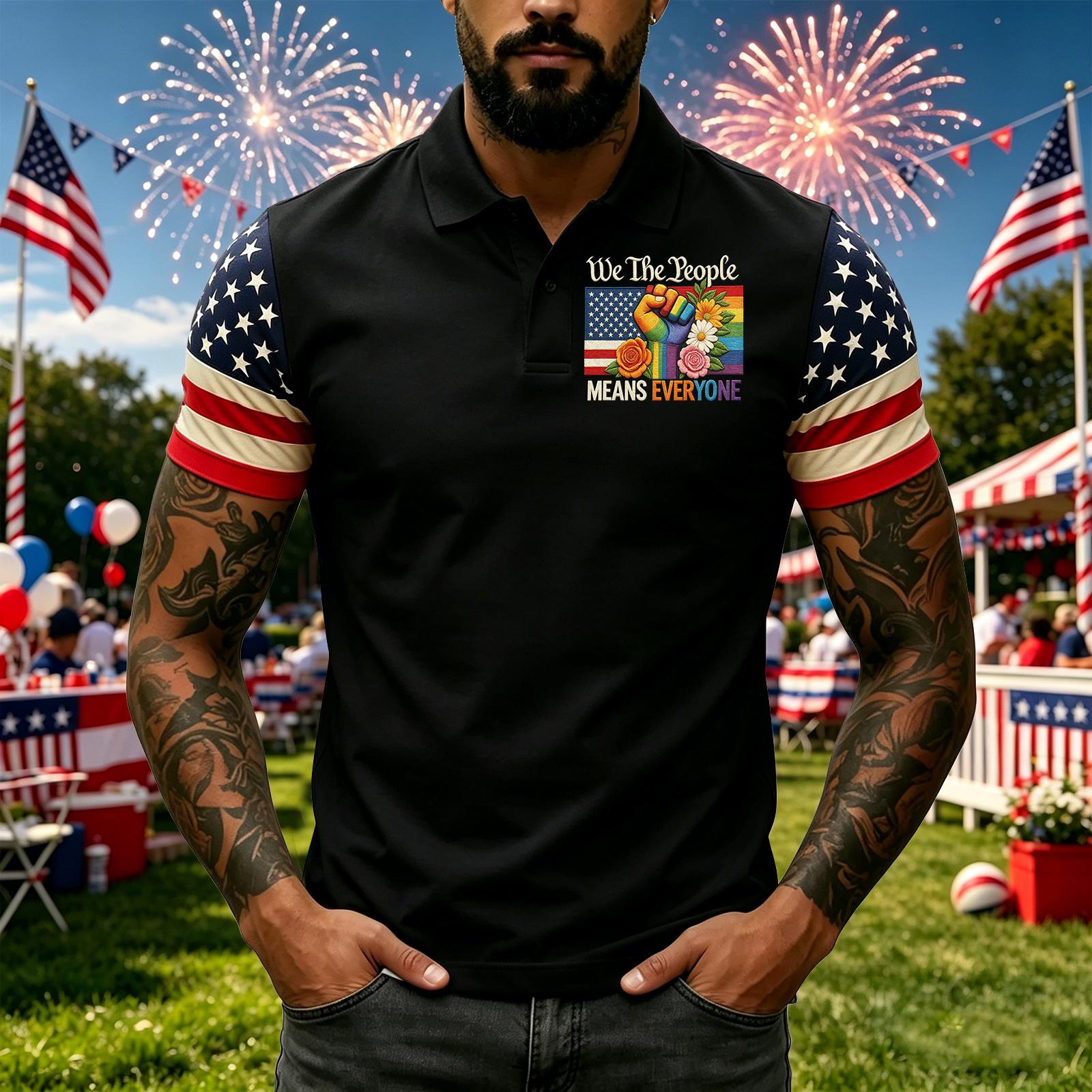 

Men s Casual Short Sleeve Polo Shirt Independence Day Print Lightweight Breathable Fabric Classic Fit Comfortable Design XXL чёрный
