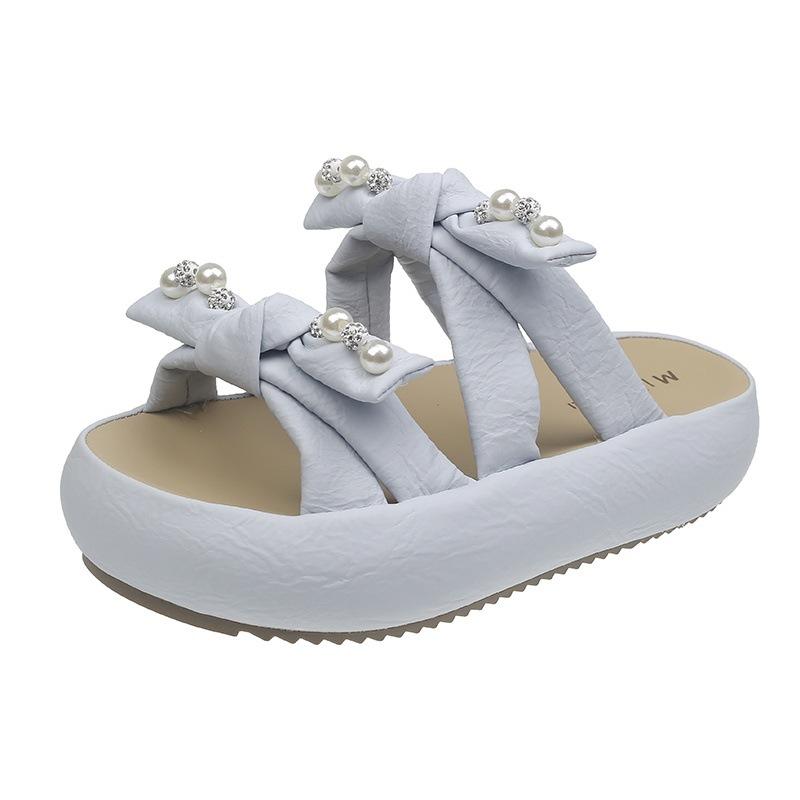 

женские шлепанцы на толстой подошве с жемчугом для ношения летом 2025 года, новые модные сандалии с бантиком в сказочном стиле на платформе с открытым носком 40 синий
