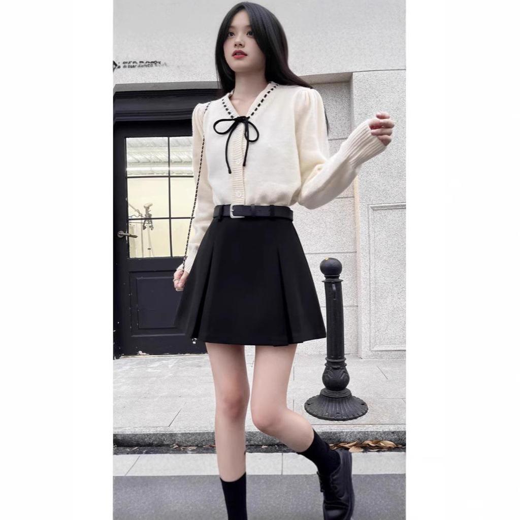 Fustă midi plisată A-line cu talie înaltă din amestec de lână stil britanic toamnă/iarnă 2024