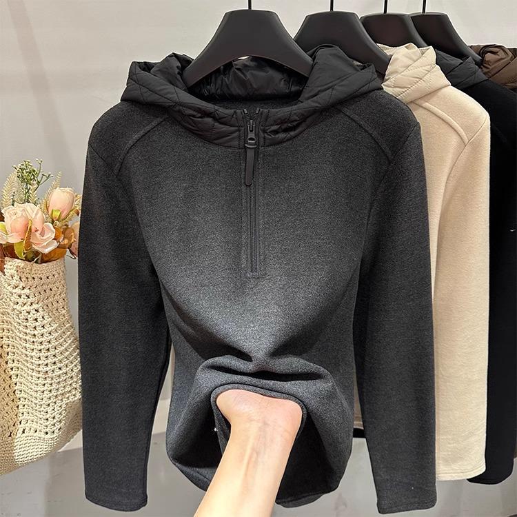 Женский стеганый свитшот из вязаного вельвета в стиле пэчворк с капюшоном и застежкой-молнией до половины в европейском стиле XXL