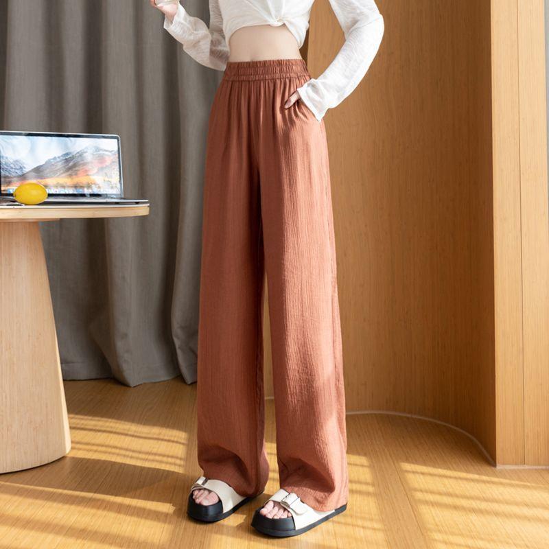 Women Elastic High Waist Linen Wide Leg Long Pants Loose Casual Floor Length Trousers with Pockets Summer Daily Vacation Soft Pants