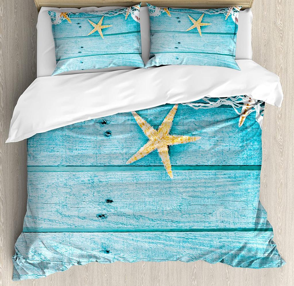 Beach Sea Starfish Shells Green 3pcs Bedding Set For Bedroom Double Bed Home Textile Duvet Cover Quilt Cover Pillowcase