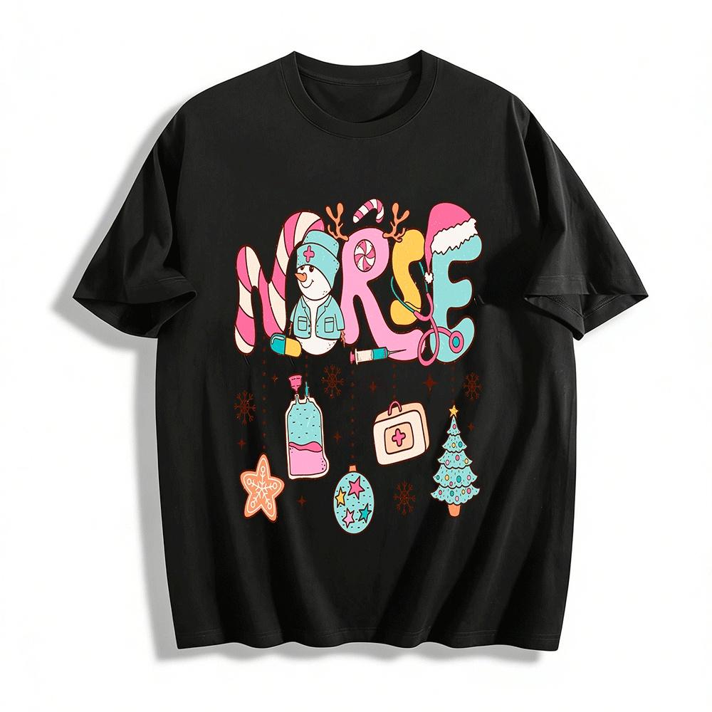 

Christmas Nurse Themed Printed Top Festive Tee For Medical Staff Pure cotton T-shirt XXS