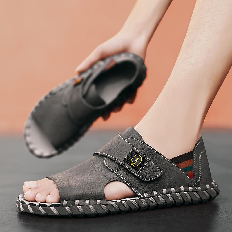 Fashion Hand Sewn Summer Men Sandals Genuine Leather Mens Casual Shoes Outdoor Leather Sandals for Men Beach Roman Mens Shoes