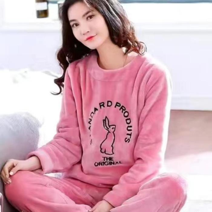 Flannel Autumn and Winter Pajamas Women's Round Neck Loose Plus Velvet Girl Sweet Home Casual Warm Home Service Suit