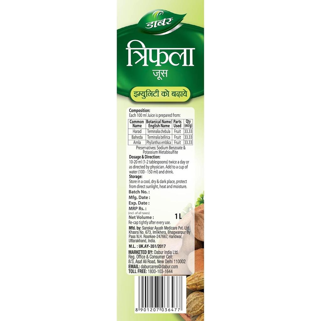 Dabur Triphala Saft 1L Ayurvedischer Kräutersaft für das tägliche Wohlbefinden Natürliches Antioxidans Fruchtmischungsgetränk Balance
