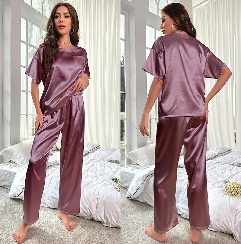 Yaoting Women's Summer Ice Silk Pajama Set - Short Sleeve Top & Long Pants, Loose Fit Casual Homewear 3147