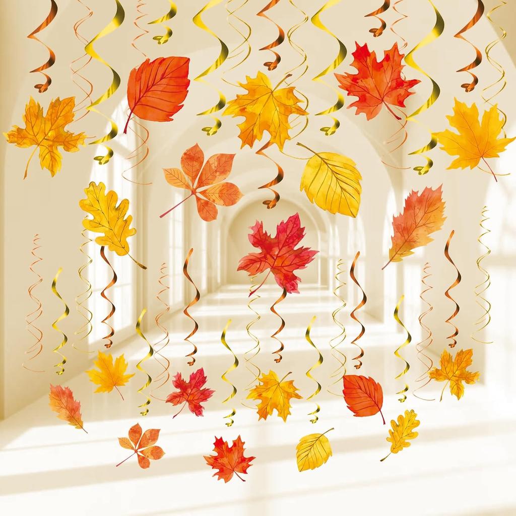 KALEFO 30Pcs Fall Decorations Autumn Hanging Swirls Thanksgiving Decoration Maple Leaf Themed Party Supplies Hanging Foil Swirl Decor for Home