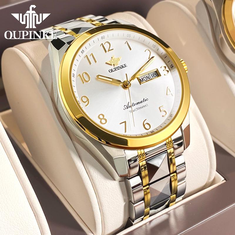 OUPINKE Zegarek męski Automatyczny zegarek mechaniczny Stal nierdzewna Biznesowy podwójny kalendarz Zegarek anty-wysokiej klasy