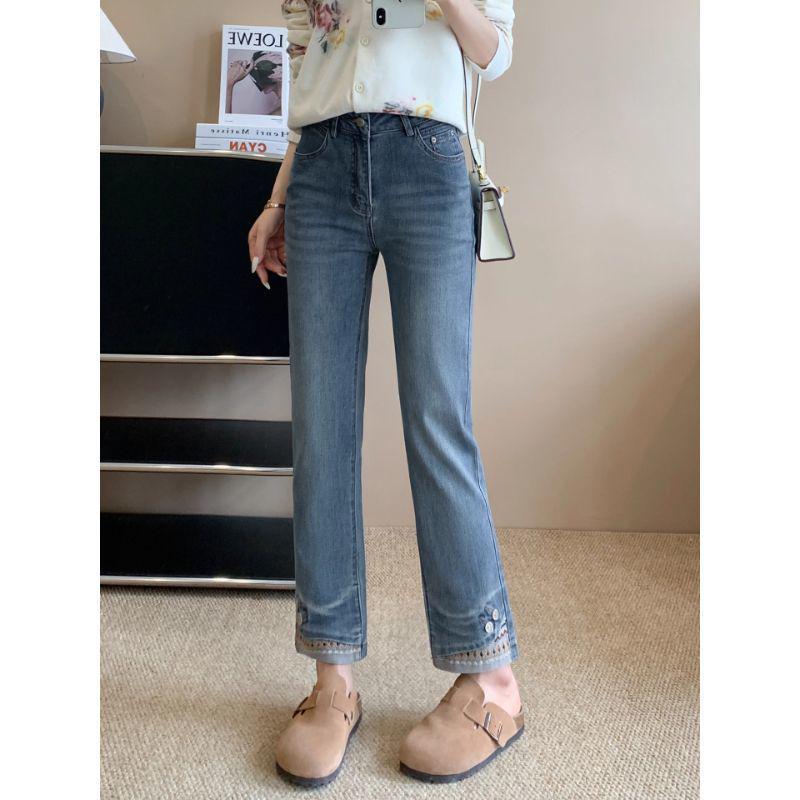 Women's High Waist Embroidered Retro Pipe Jeans - Spring/Autumn 2025 Slim Cropped Straight Leg Pants