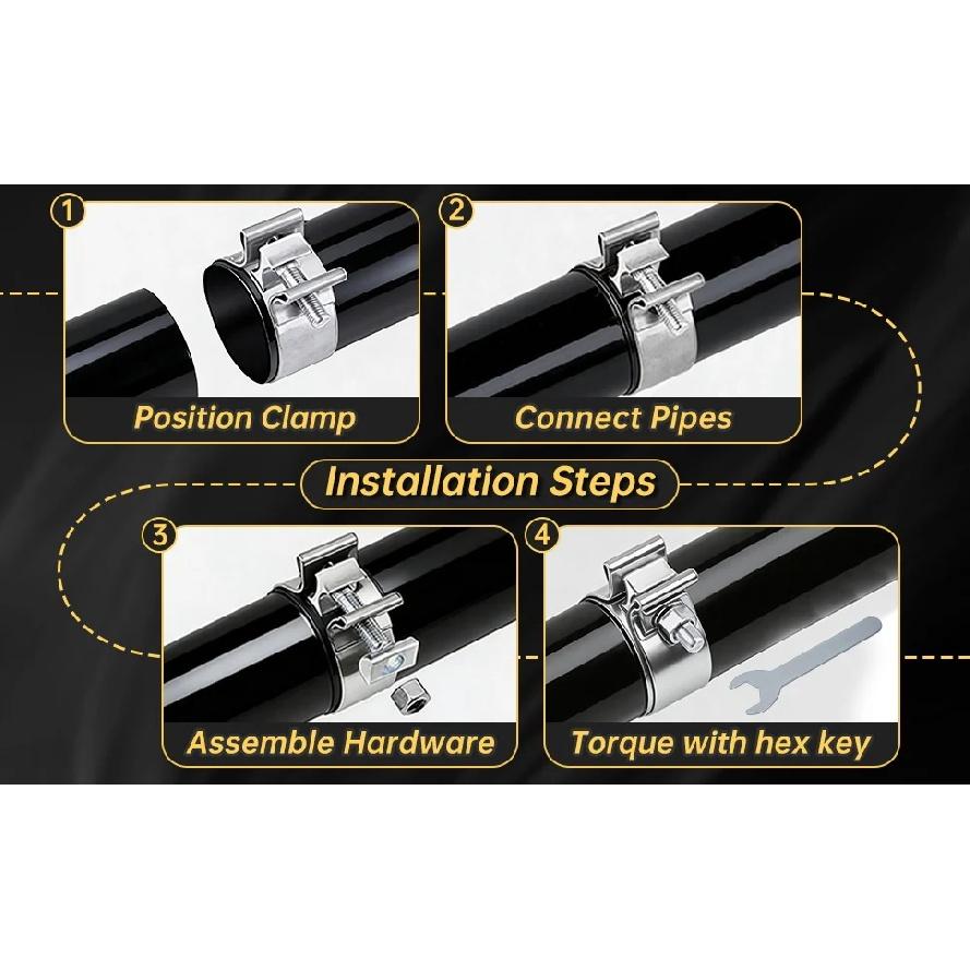 2pcs 3 Inch Exhaust Band Clamps 10.9 Grade Bolt Narrow 360 Degree Sealing Distribution 304 Stainless Steel Muffler Pipe Couplers
