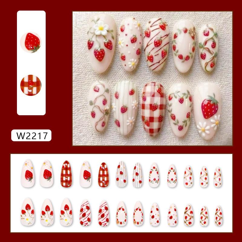 W2217 3D Girlish Sweet Strawberry Garden Stylish European American Removable Press On Nails 24Pcs