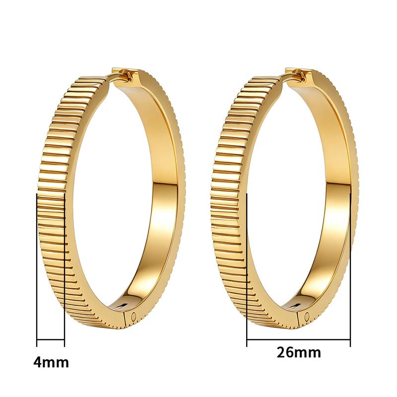 FINE4U 316L Stainless Steel Vertical Ridged Hoop Earrings Click Hinged Circle Hoops Hypoallergenic Textured Ear Jewelry