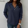 Womens Casual Lapel V Neck Long Sleeve Solid Color Blouse Loose Fit Work Office Shirts