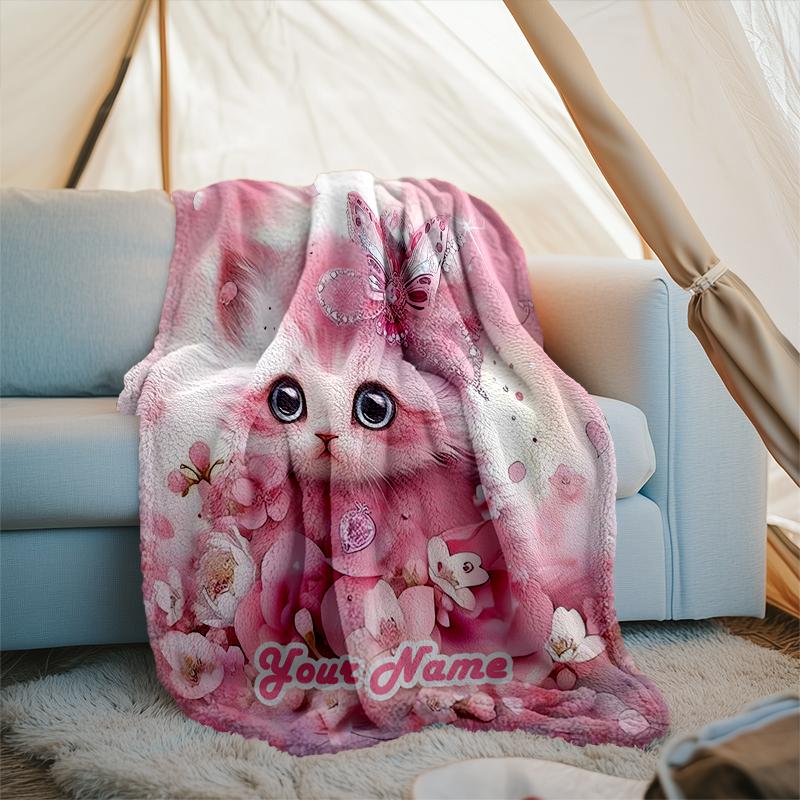 1PC Custom Name Pink Fantasy Kitten Outdooor Flannel Blankets Patterns Throw Blanket All-Season Soft Gift for Couch, Bed, Camping Gifts