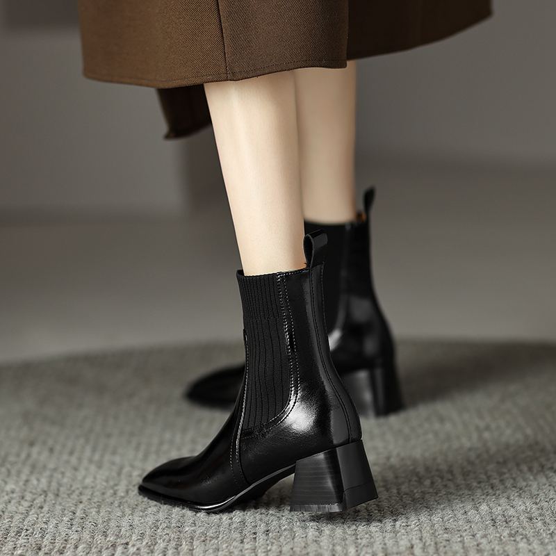 Krazing Pot Cow Skin Autumn Winter Shoes Thick Med Heels Size 43 Western Boots Slip on Stretch Knitwear Ankle Boots