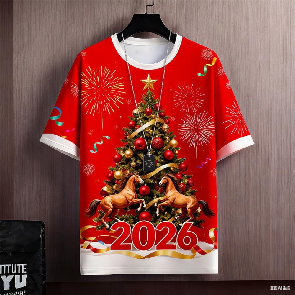 2026 Year of the Horse Fashion Red T-Shirt Men’s Extended Street Casual