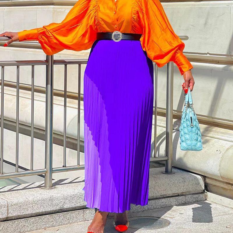 

Fashion Style New Arrival Fashion Colorblock Pleated Skirt A- Line Skirt Fashionable Pleated Skirt Purple + belt 2XL