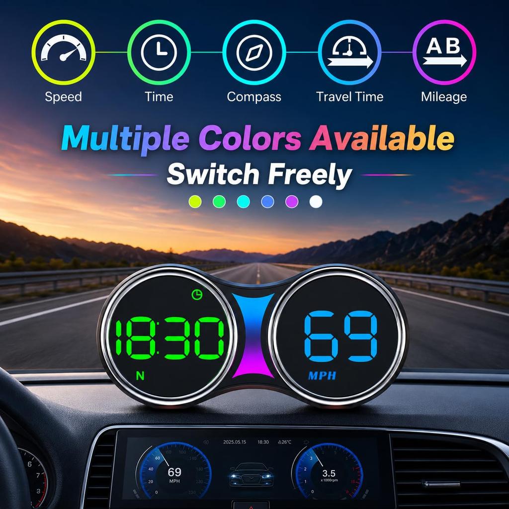 GPS Speedometer for Car, Universal MPH HUD Heads Up Display with Large Digital Screen Overspeed Alarm & Fatigue Driving Alert USB Powered Compatible