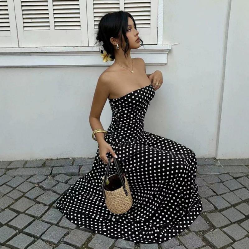2026 Summer Off Shoulder Polka Dot Dress New Sexy Elegant Strapless Waist-cinching Slim Fit A-line Party Evening Dress Sweet Pleat Fashion Clothing