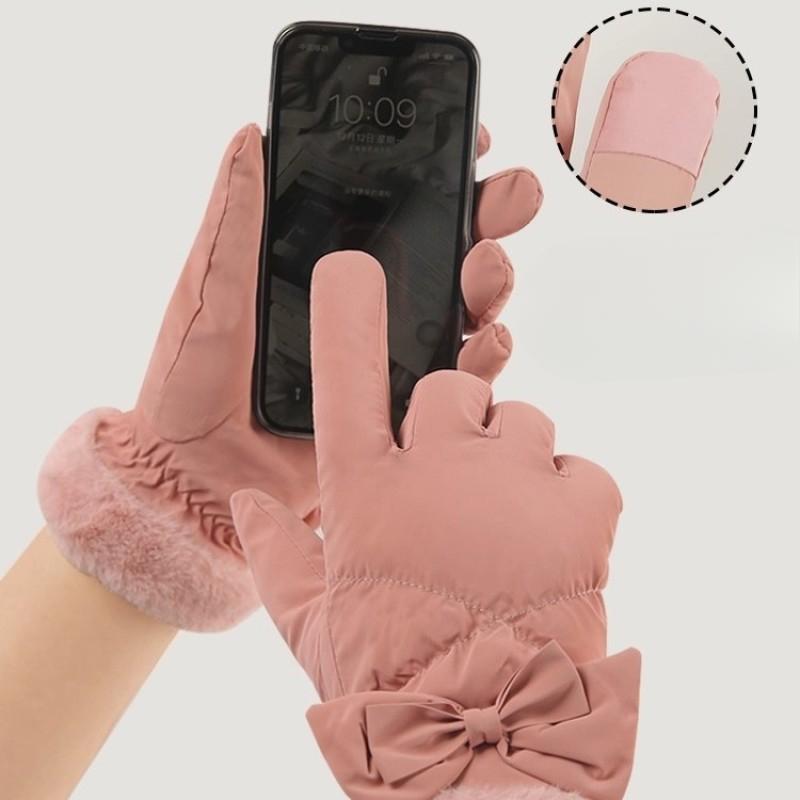 Bow Warm Gloves Fashionable and Versatile Women's Winter Plus Velvet Thickened Touch Screen Riding and Comfortable for Skin