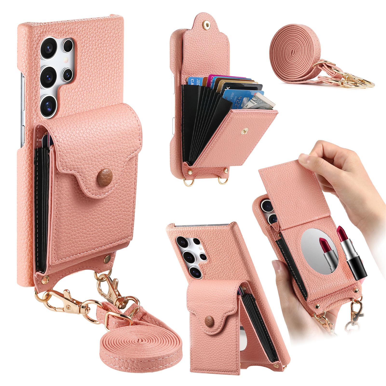 

For Samsung Galaxy S23 Ultra Case Mirror Card Holder Litchi Texture Leather Phone Back Cover with Long Strap Pink