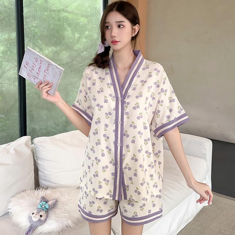 Pajamas Women's Short Sleeve Shorts Bubble Cotton Cardigan Sweet Girl Loose and Fattened Plus Size 55kg Set Home Furnishing