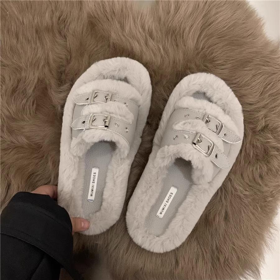 Papuci pufoși cu talpă groasă pentru femei, de exterior, 2024 nou toamnă și iarnă, retro, nișă, cu cataramă de curea, cu talpă plată, pantofi de pluș din bumbac