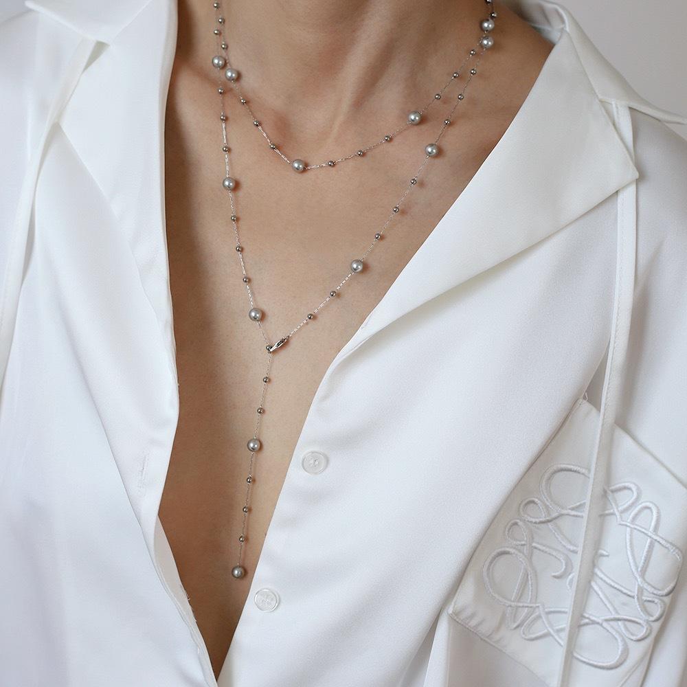 Interstellar Grey Niche Sweater Chain Handmade Necklace Glass Pearl Imitation Multi-hemp Silver Grey Pearl, Titanium Steel