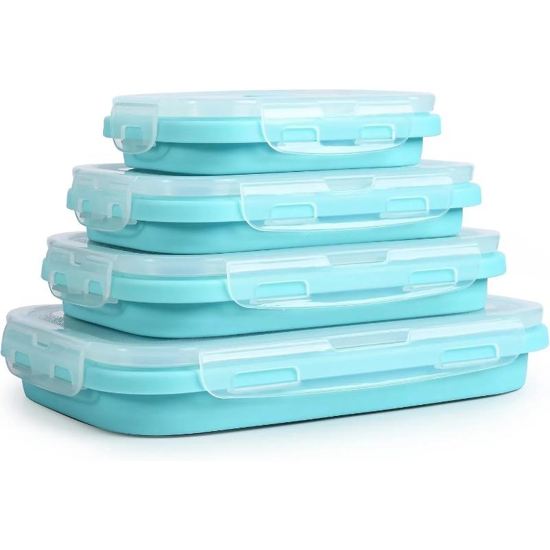 4 Pack Collapsible Silicone Lunch Box - BPA-Free Flat Stacking Food Storage Containers with Lids for Leftovers