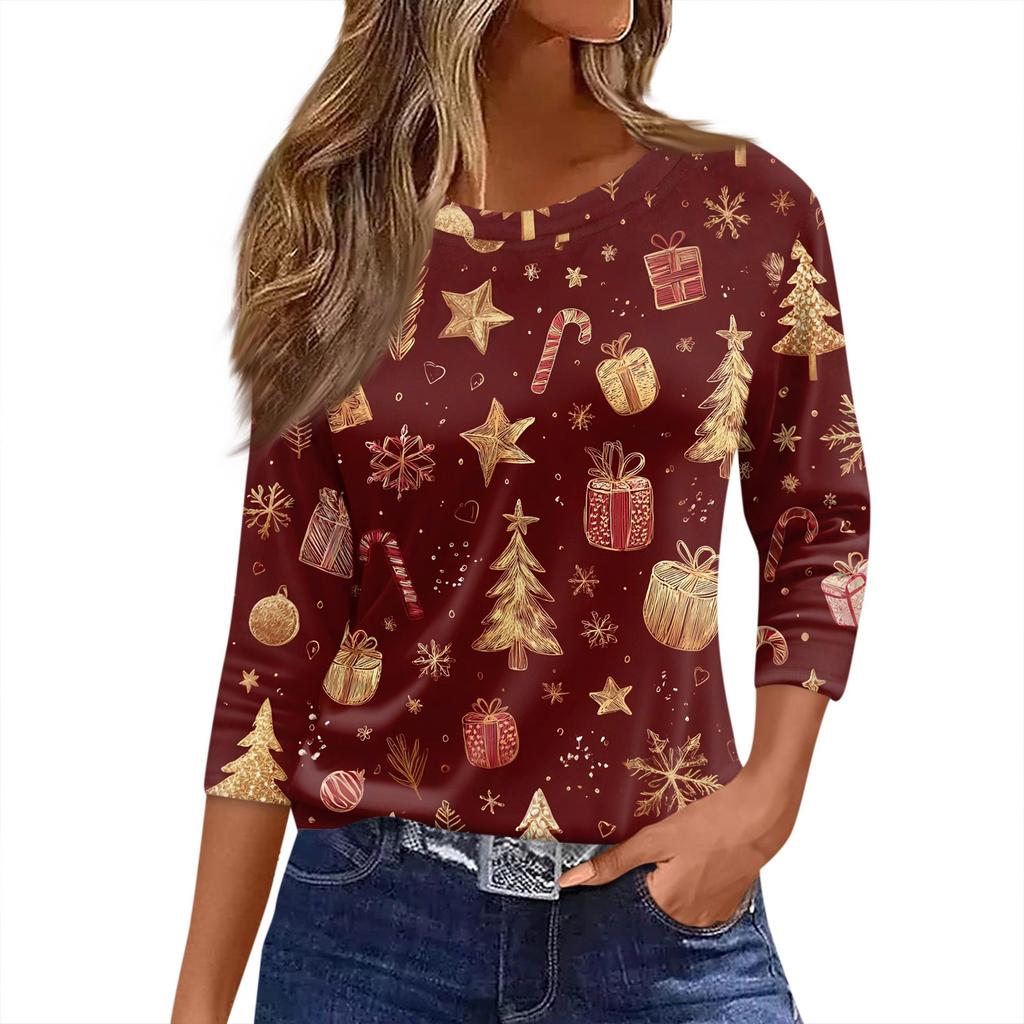 Women's T Shirt Christmas Print 3/4 Sleeve Daily Weekend Fashion Basic Round Neck Regular Top