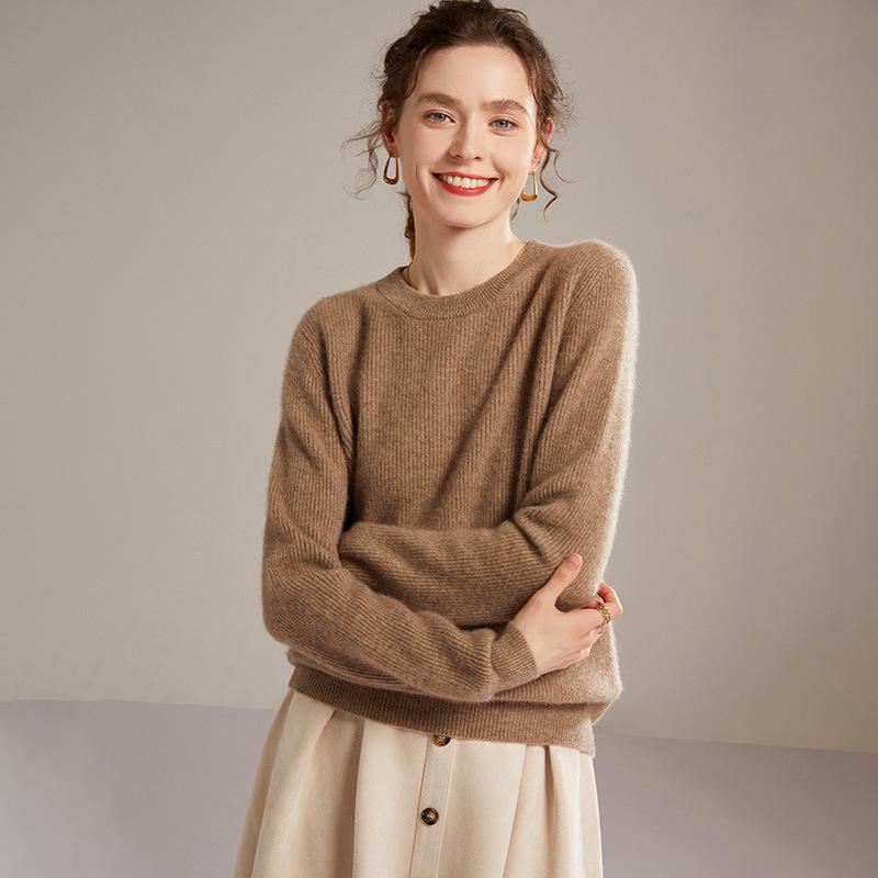 Women's 100% Pure Cashmere Rib Knit Round Neck Sweater - Solid Color Autumn/Winter Base Layer