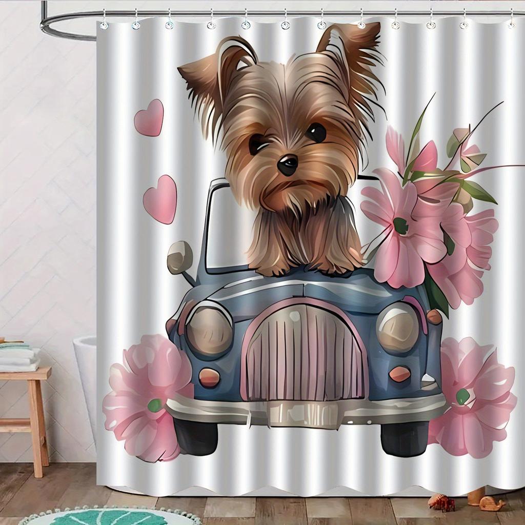 Cute Yorkie Dog Shower Curtain Car And Flowers Art Pet Lover Decor Romantic Hearts Waterproof Fabric Bath Curtain Set Home
