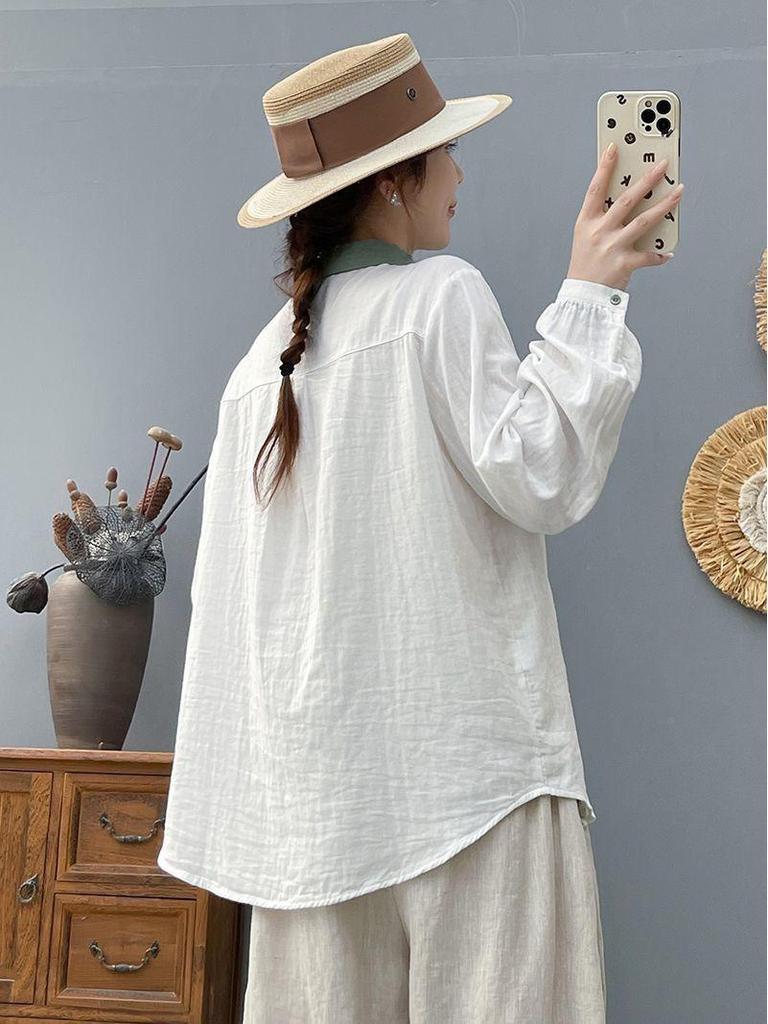 2025 Double-Layer Cotton Yarn Long-Sleeve Women's Retro Embroidered Collar Shirt