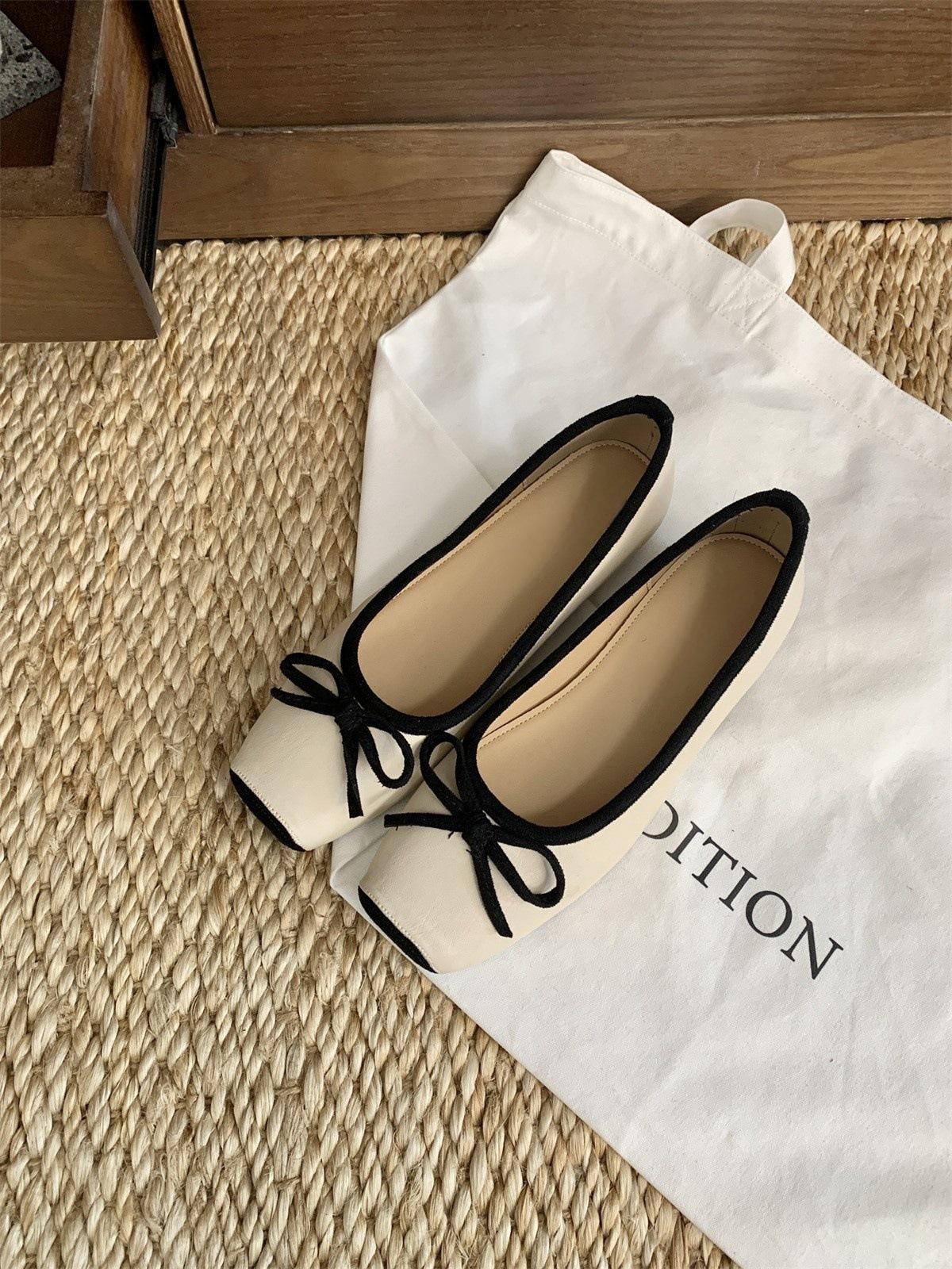 

Ballet single shoes gentle fairy spring 2025 French grandma shoes elegant bow shallow mouth flat evening shoes 35