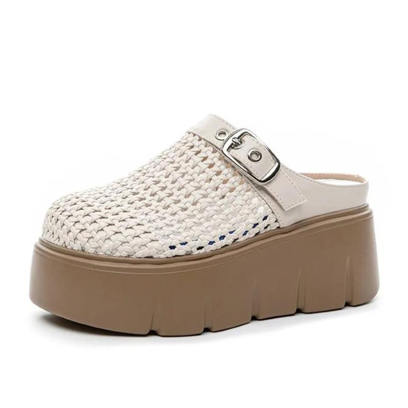 Fashion 7CM Synthetic Microfiber Leather Platform Wedge High Brand Slipper Hollow Slip On Breathable Women Sandals Round Toe Shoes